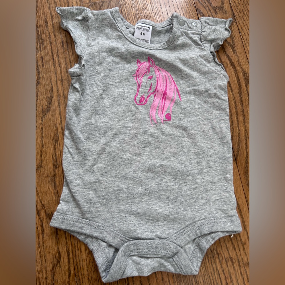 Carhartt grey baby onesie top shirt with pink horse equestrian